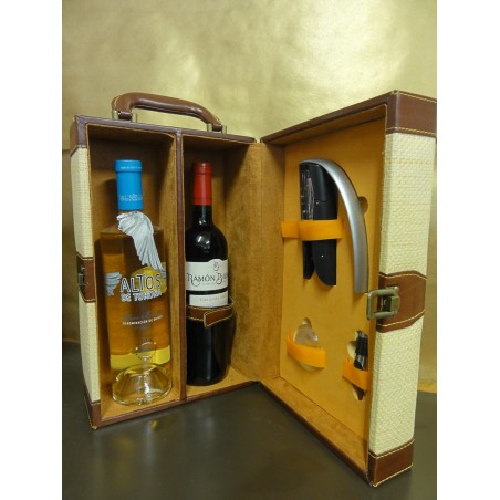 Estuche de dos botellas de vino.